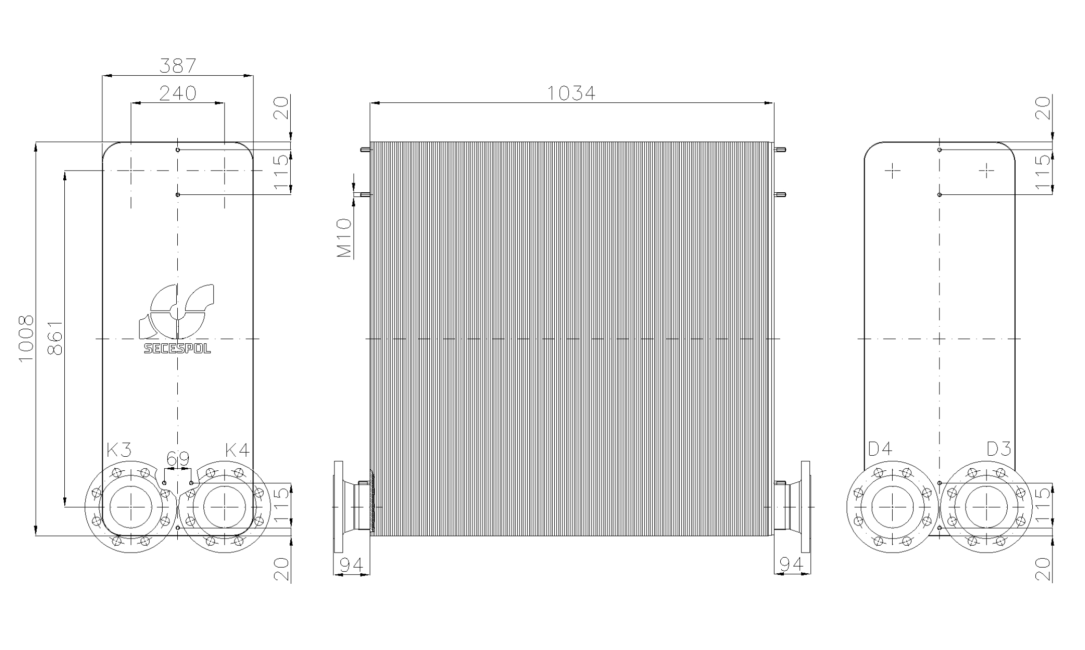 Габаритные размеры паяного пластинчатого теплообменника Secespol LE400-370L-2-DN100.SS