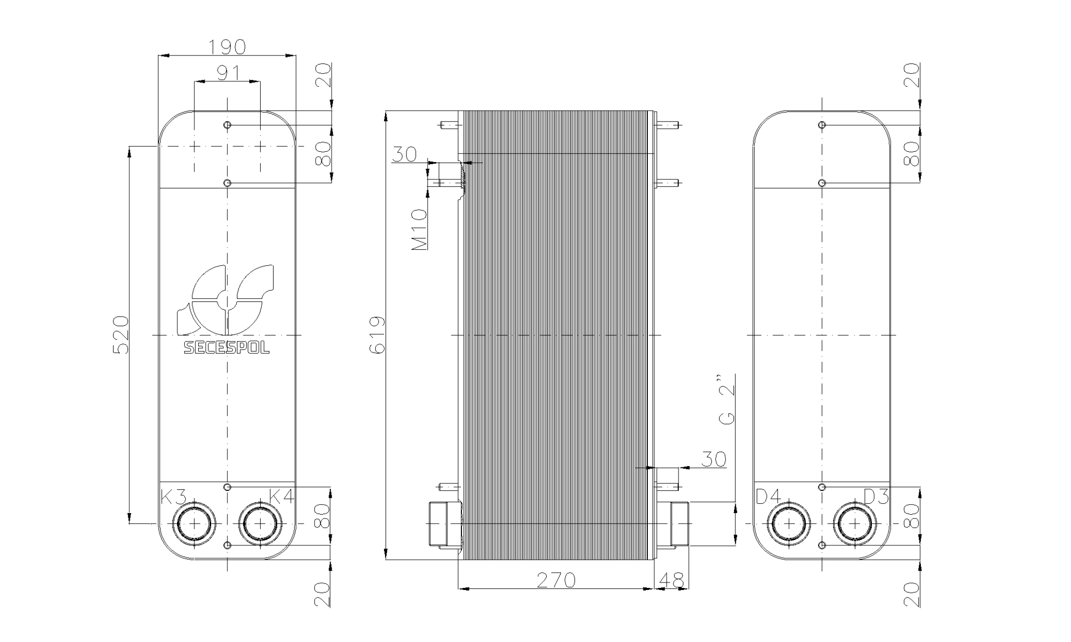 Габаритные размеры паяного пластинчатого теплообменника Secespol LM110-100H-2-2"