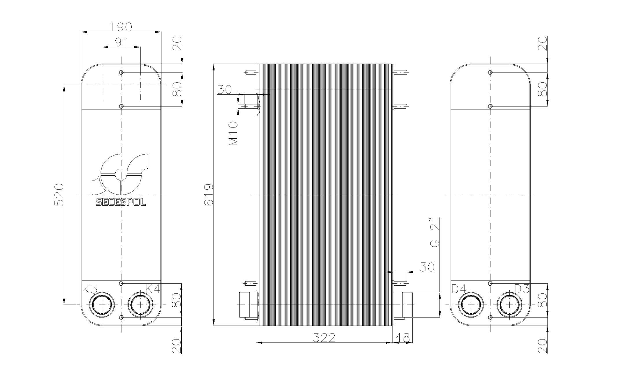 Габаритные размеры паяного пластинчатого теплообменника Secespol LM110-120H-2-2"