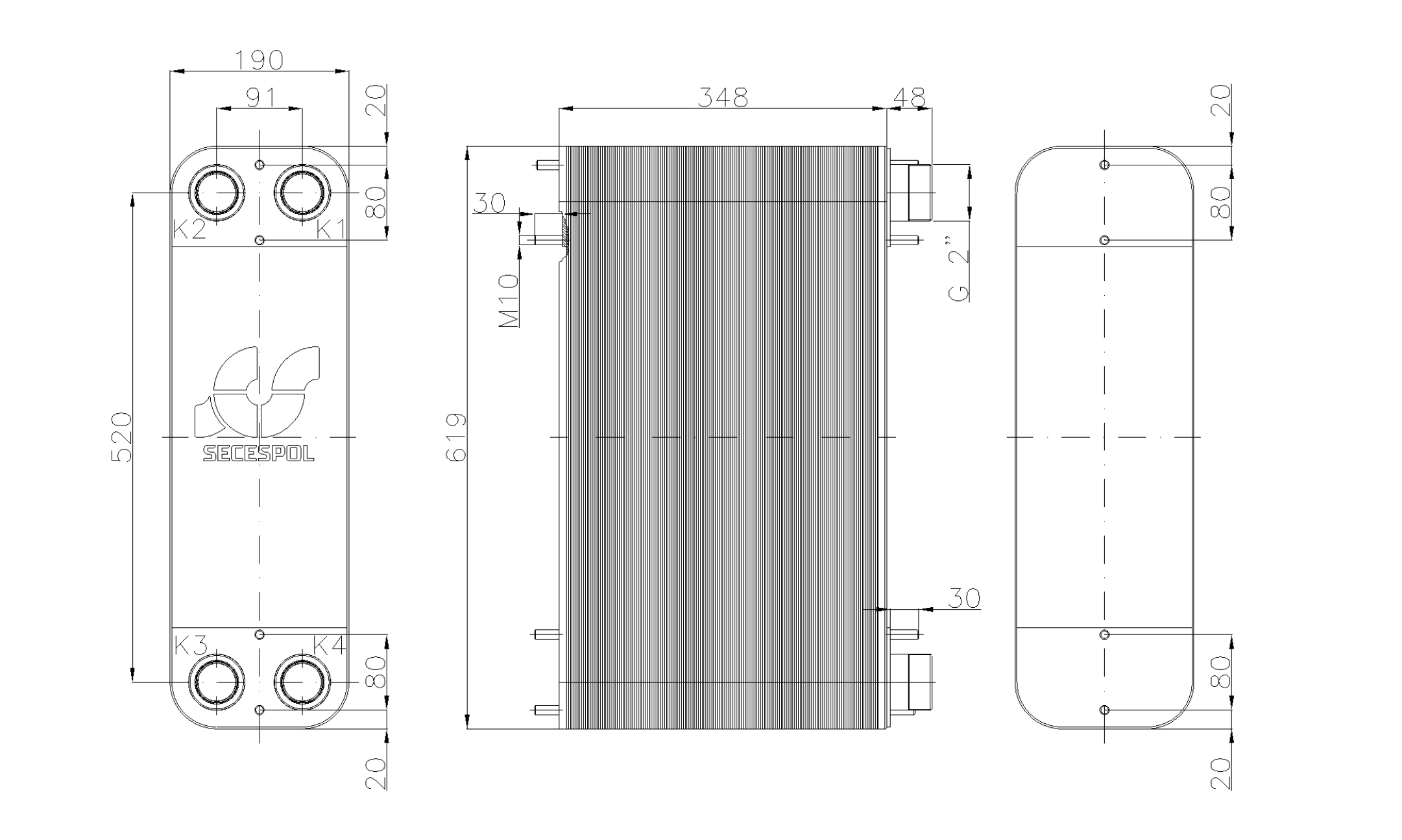 Габаритные размеры паяного пластинчатого теплообменника Secespol LM110-130H-2"