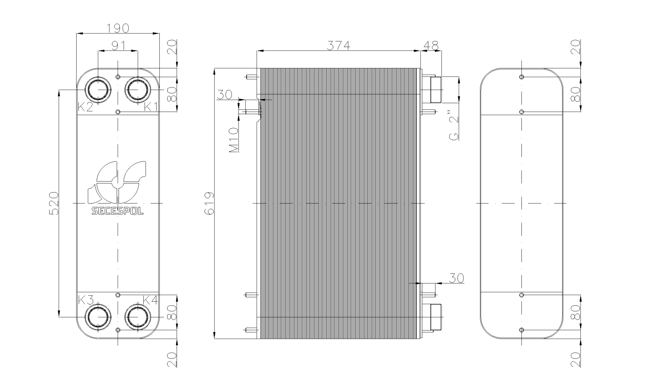 Габаритные размеры паяного пластинчатого теплообменника Secespol LM110-140H-2"