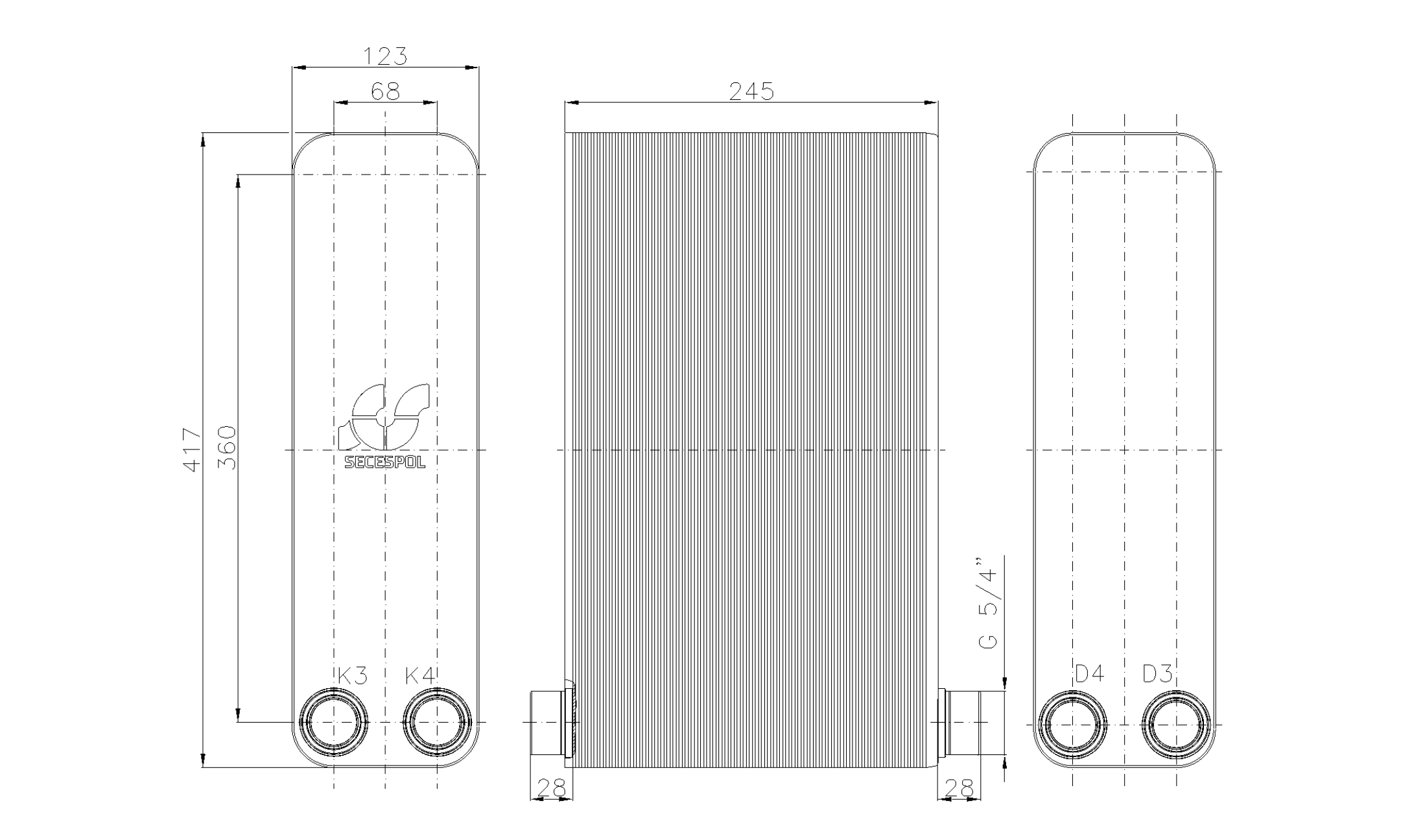 Габаритные размеры паяного пластинчатого теплообменника Secespol LB47-100-2-5/4"