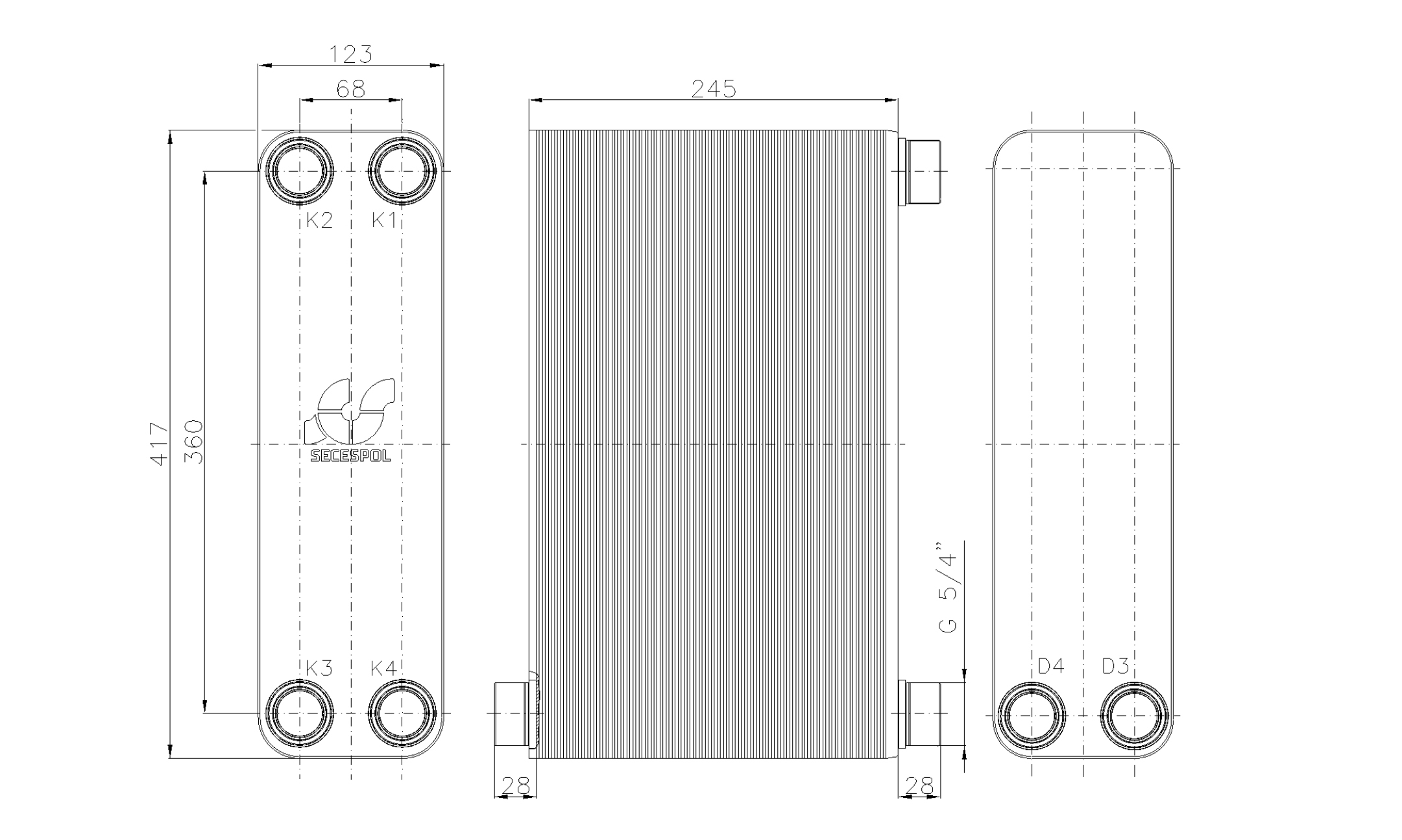 Габаритные размеры паяного пластинчатого теплообменника Secespol LB47-100-2S-5/4"