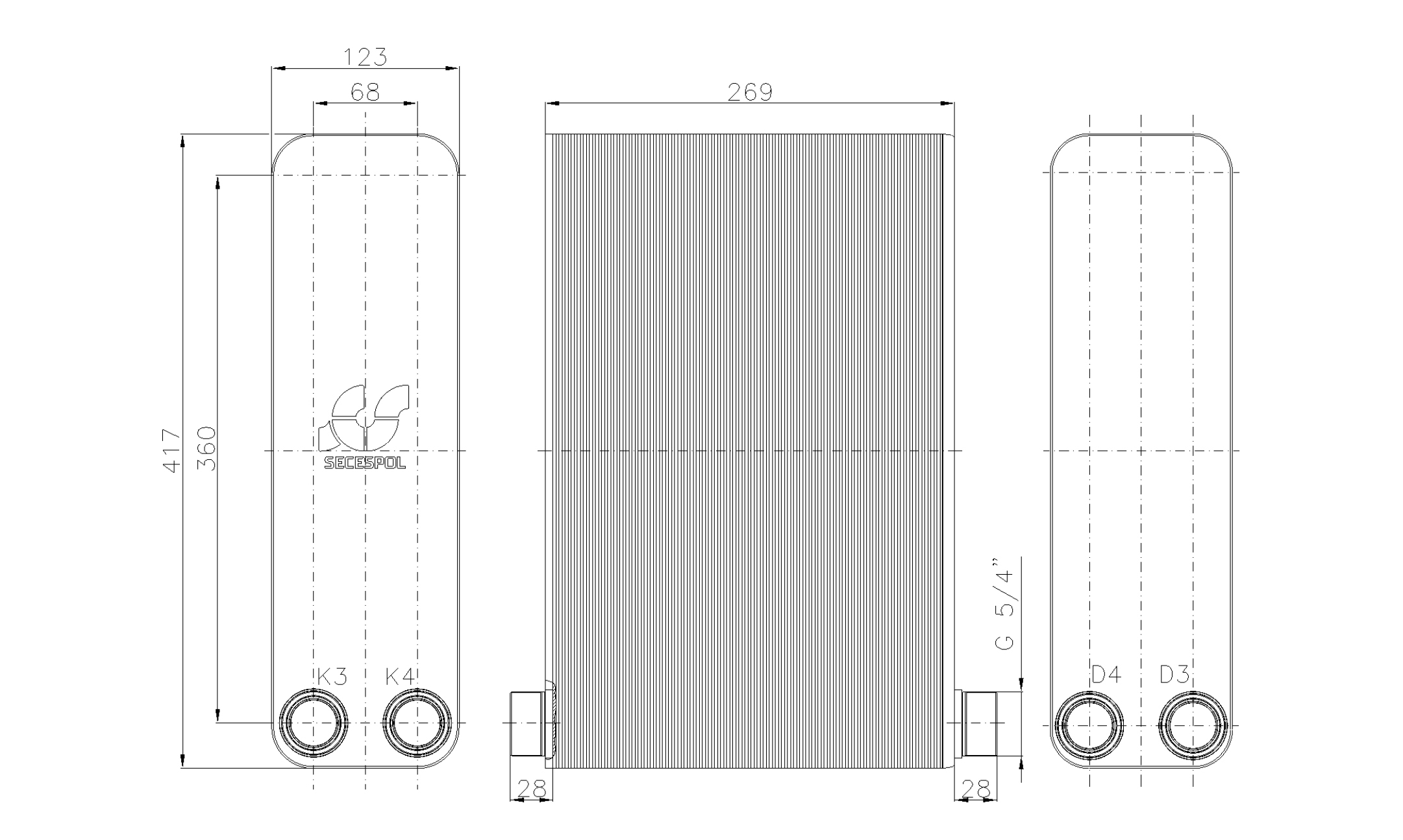 Габаритные размеры паяного пластинчатого теплообменника Secespol LB47-110-2-5/4"