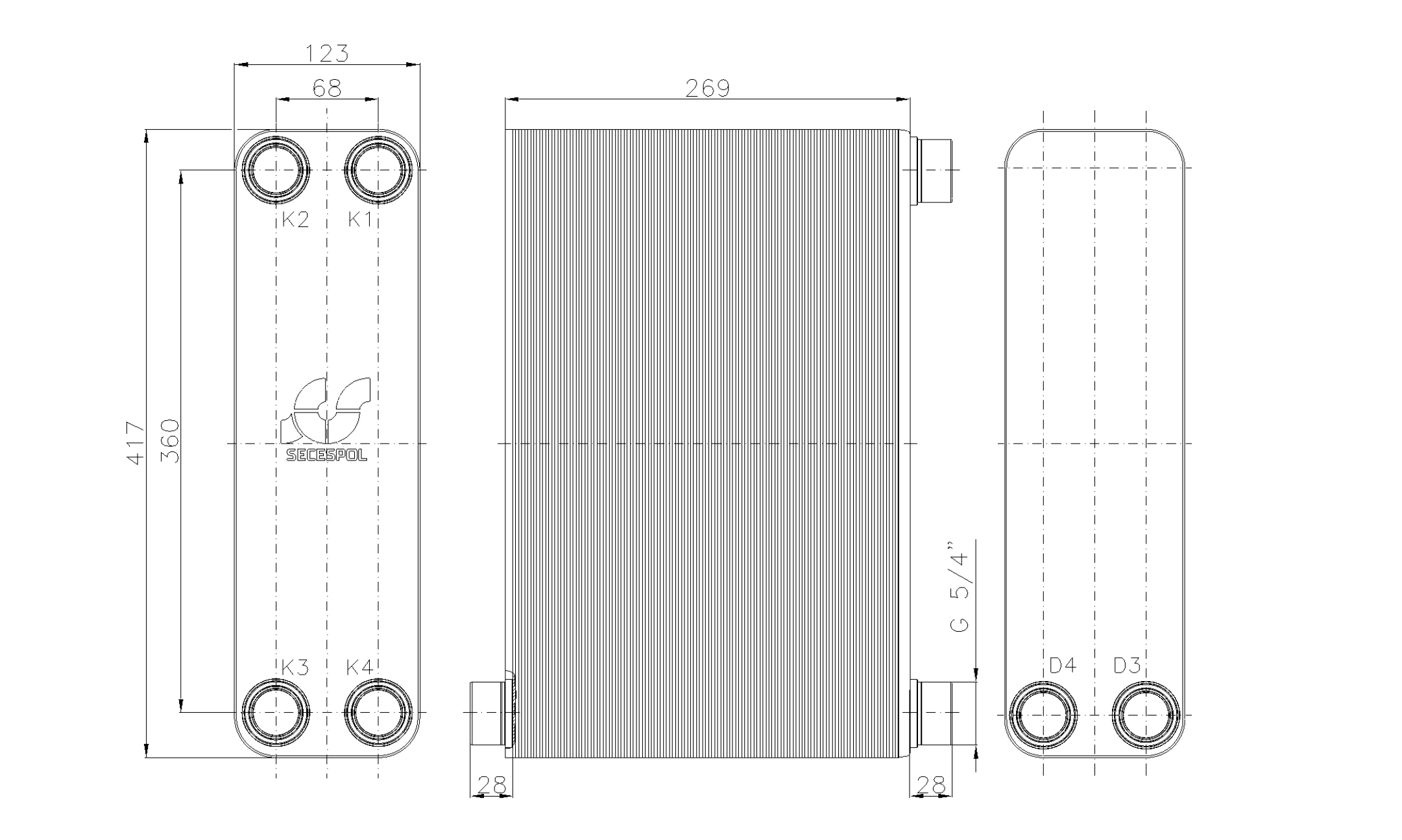 Габаритные размеры паяного пластинчатого теплообменника Secespol LB47-110-2S-5/4"