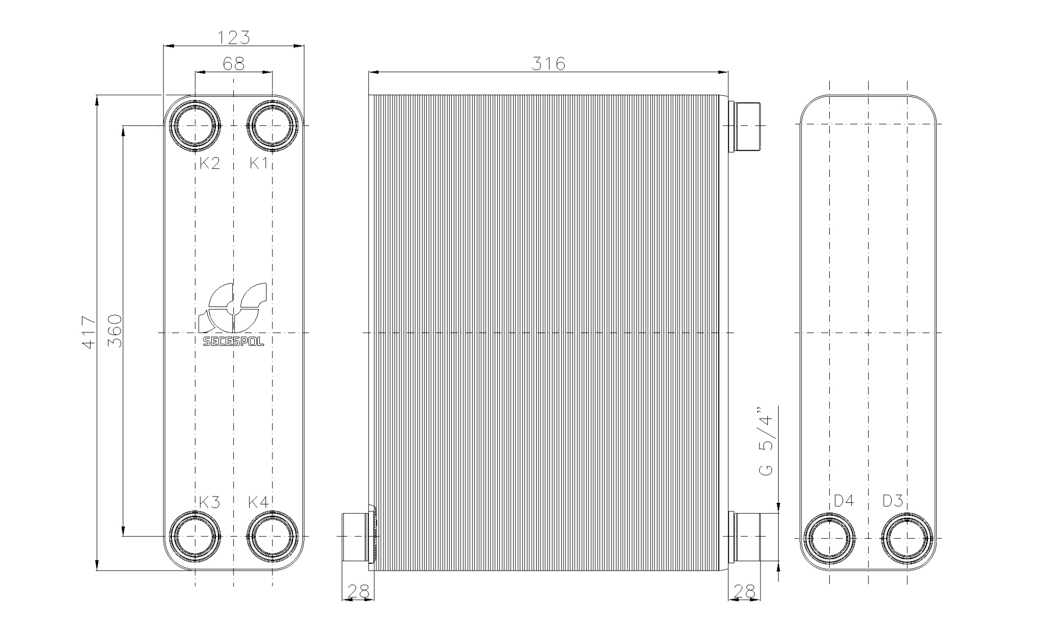 Габаритные размеры паяного пластинчатого теплообменника Secespol LB47-130-2S-5/4"
