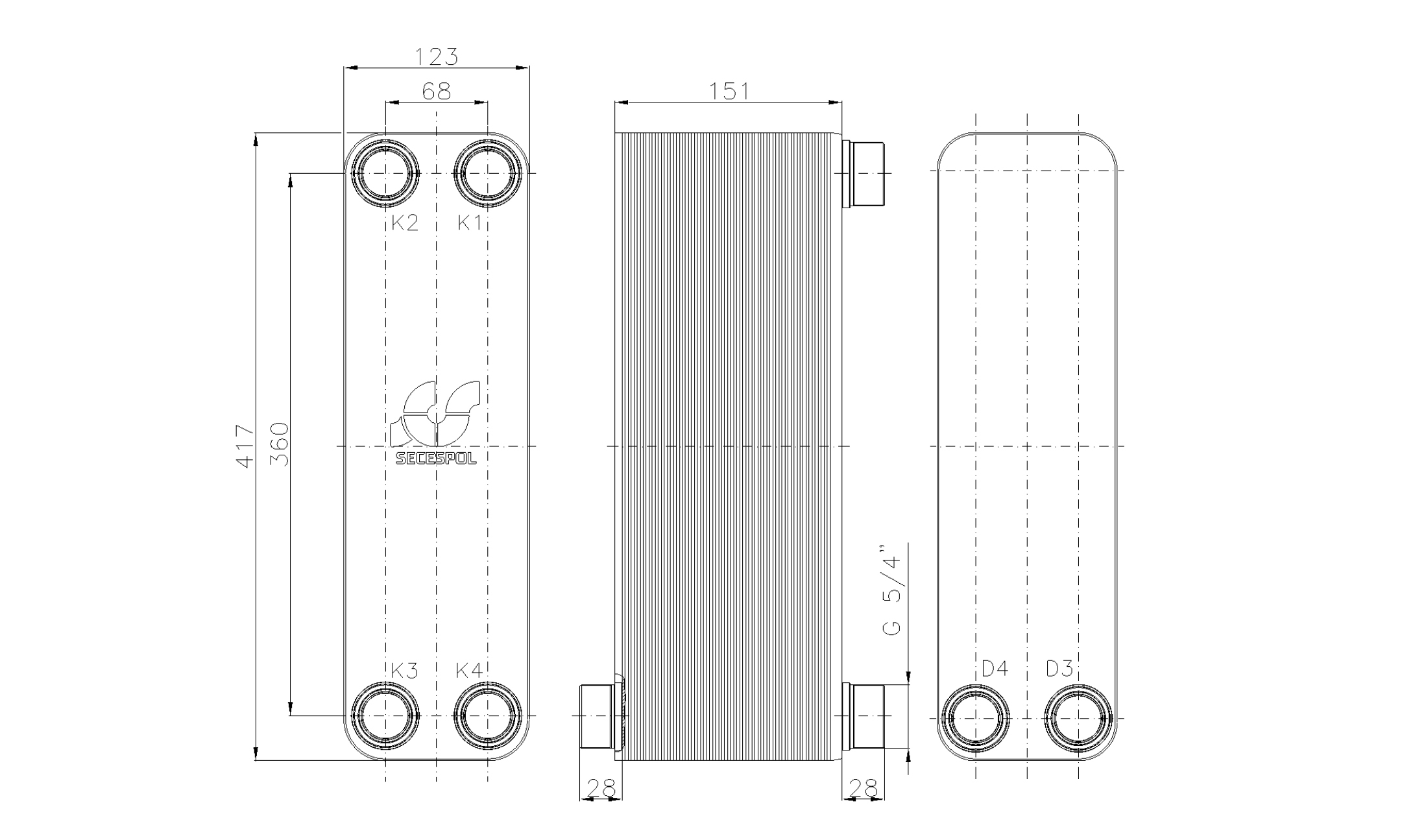 Габаритные размеры паяного пластинчатого теплообменника Secespol LB47-60-2S-5/4"