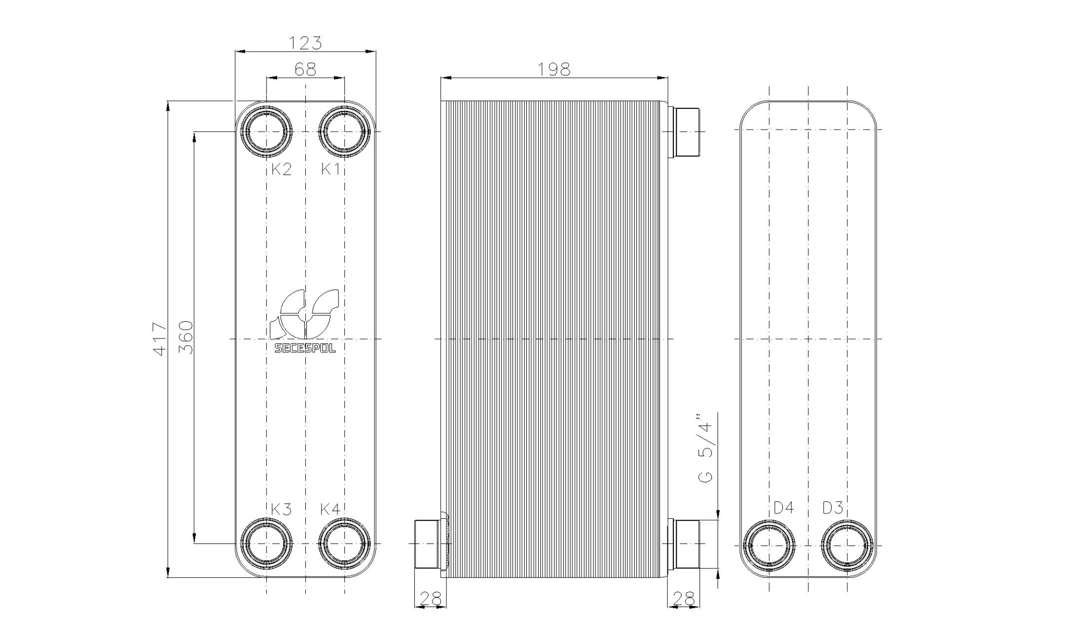 Габаритные размеры паяного пластинчатого теплообменника Secespol LB47-80-2S-5/4"