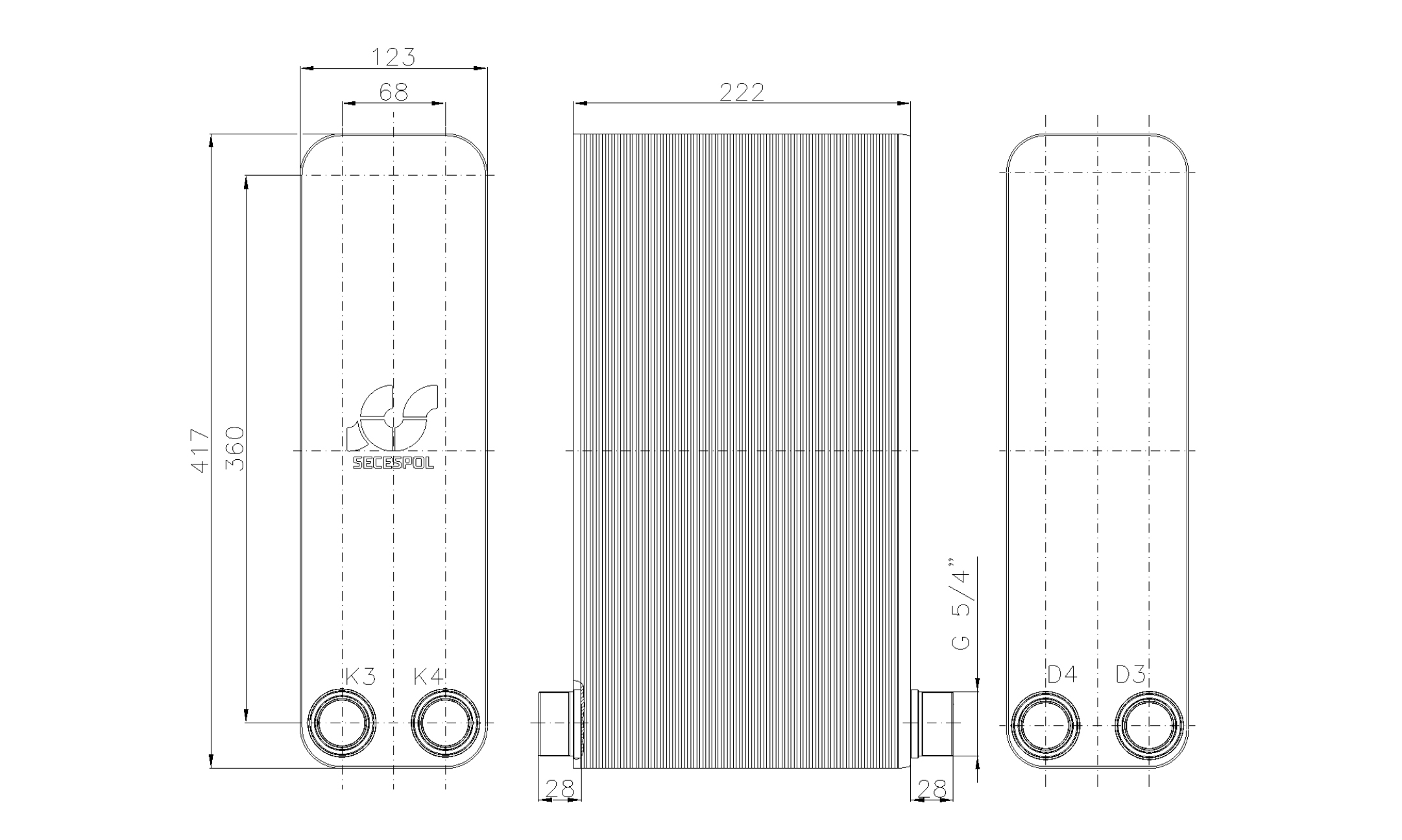 Габаритные размеры паяного пластинчатого теплообменника Secespol LB47-90-2-5/4"