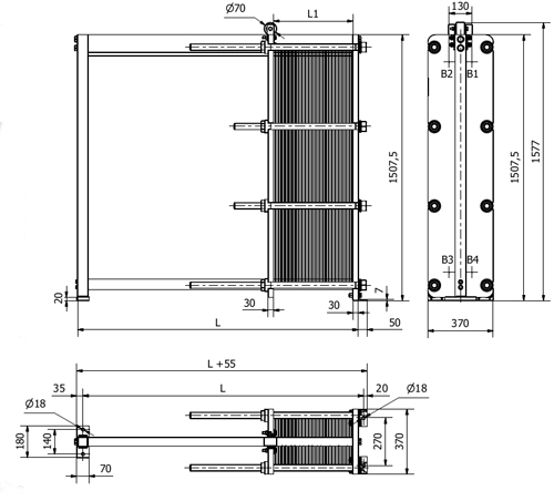 Габаритные размеры разборного пластинчатого теплообменника SF25A Sondex Габаритные размеры разборного пластинчатого теплообменника SF25A Sondex